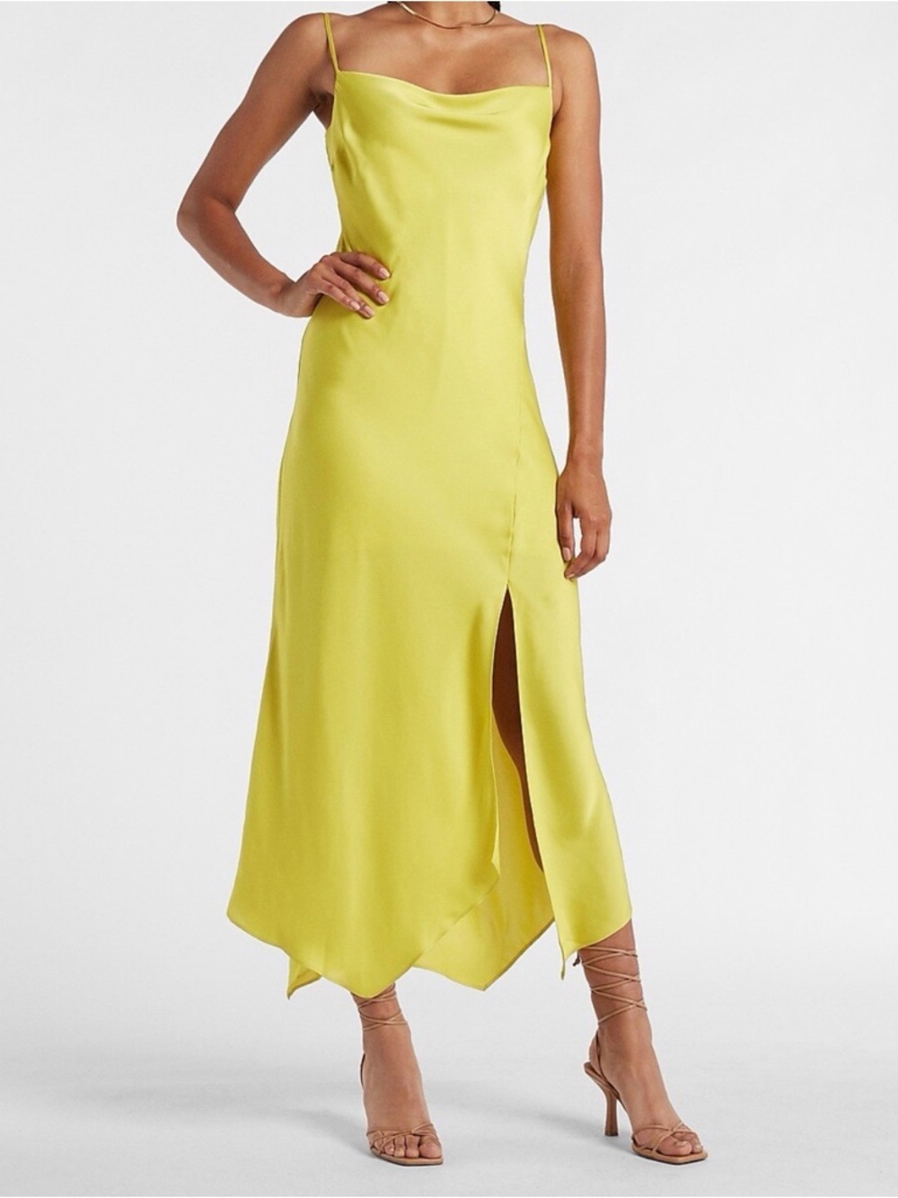 Yellow Satin Slip Midi Dress with Side Slit